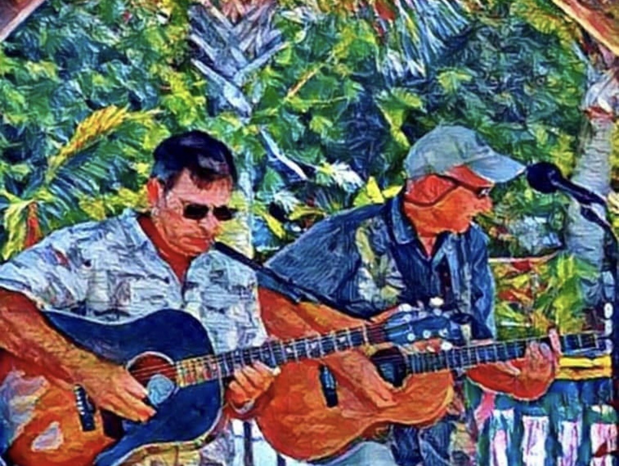 stained-glass styleled image of two men playing guitar.