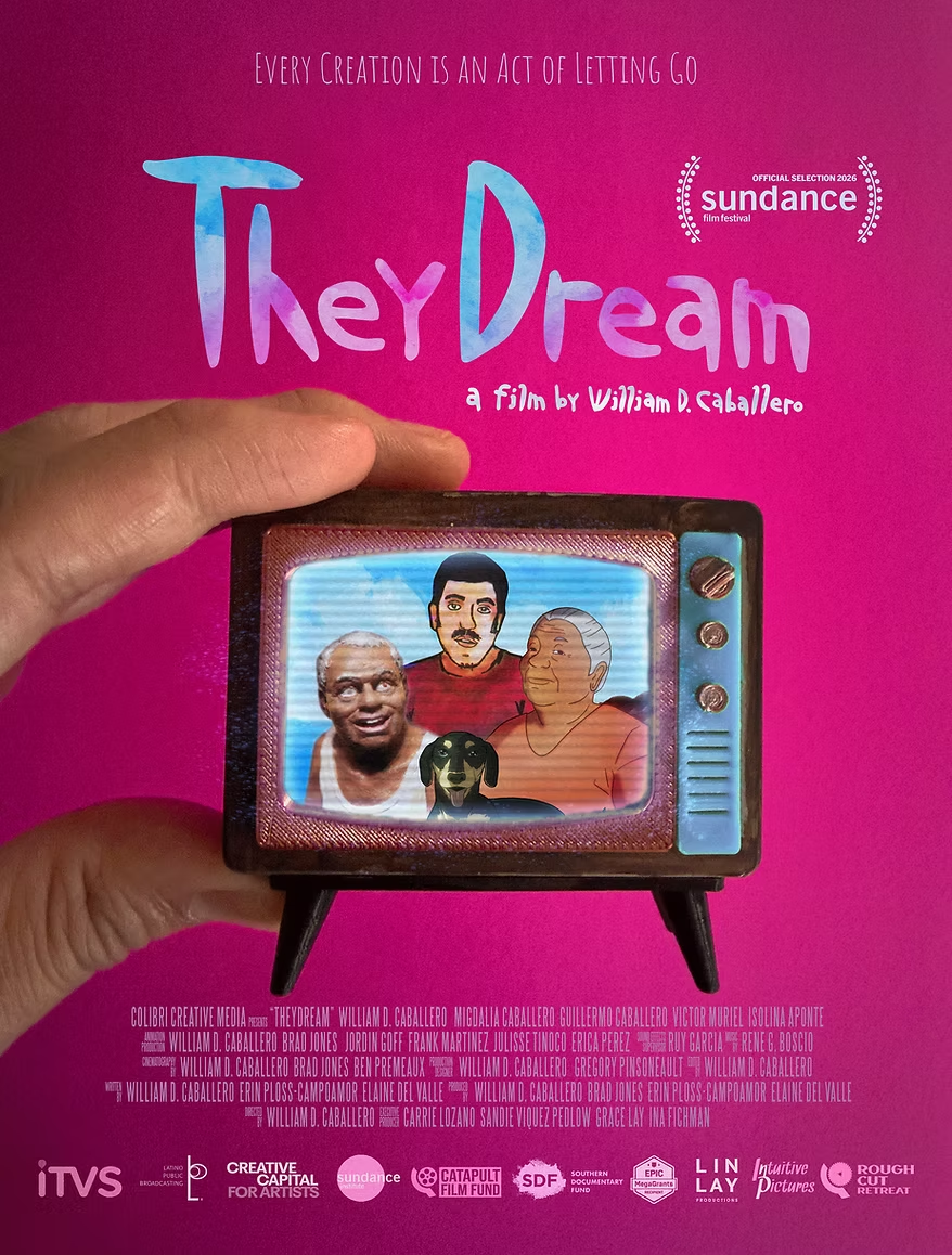 Promotional poster for “They Dream” with a hand holding a small television showing illustrated family portraits and a dog.