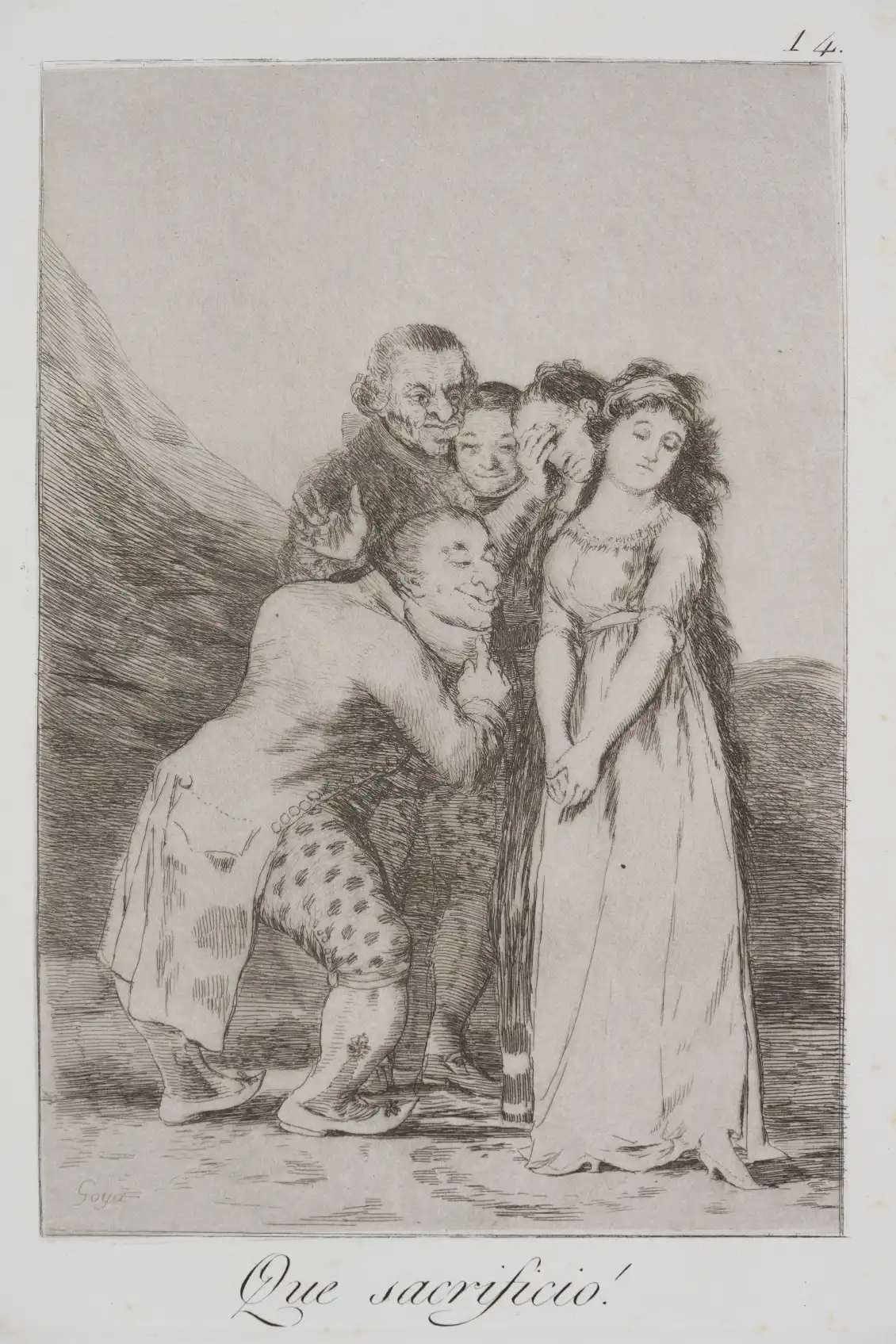 A young woman stands partially draped, flanked by two grotesque, older men who lean in to inspect her. The men’s exaggerated features contrast with the woman’s delicate appearance, creating a tense visual confrontation.