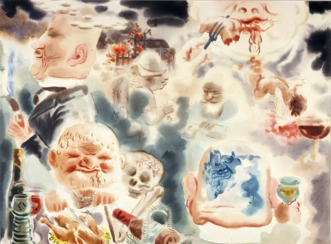 Satirical watercolor depicting grotesque figures in a distorted, decadent banquet scene. Grosz critiques moral decay through caricature and layered symbolism.