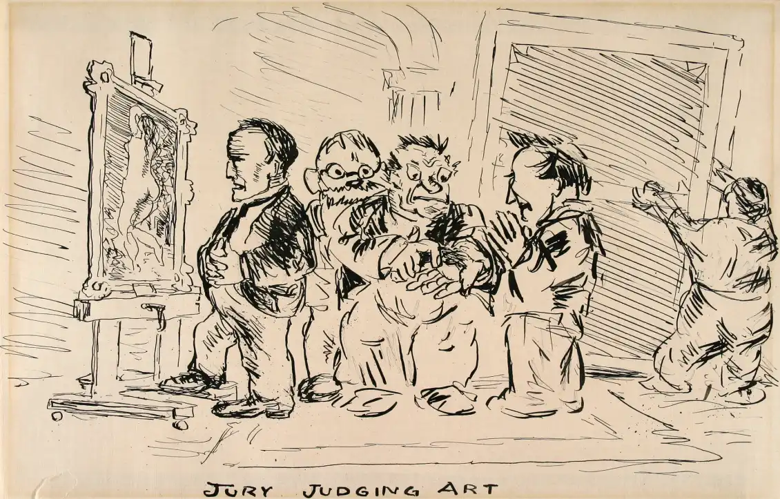 A group of short, balding men, drawn with crude, exaggerated linework, cluster around a framed image of a nude woman. Their sharp features and animated gestures emphasize their heated debate over the woman's form.