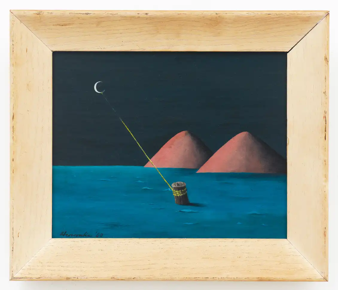 A log that you would find on a dock is alone, springing out from the sea. A rope is tied around it and leads to the moon, on the upper left portion of the sky. Two pale red mountains sit in the background to the right.
