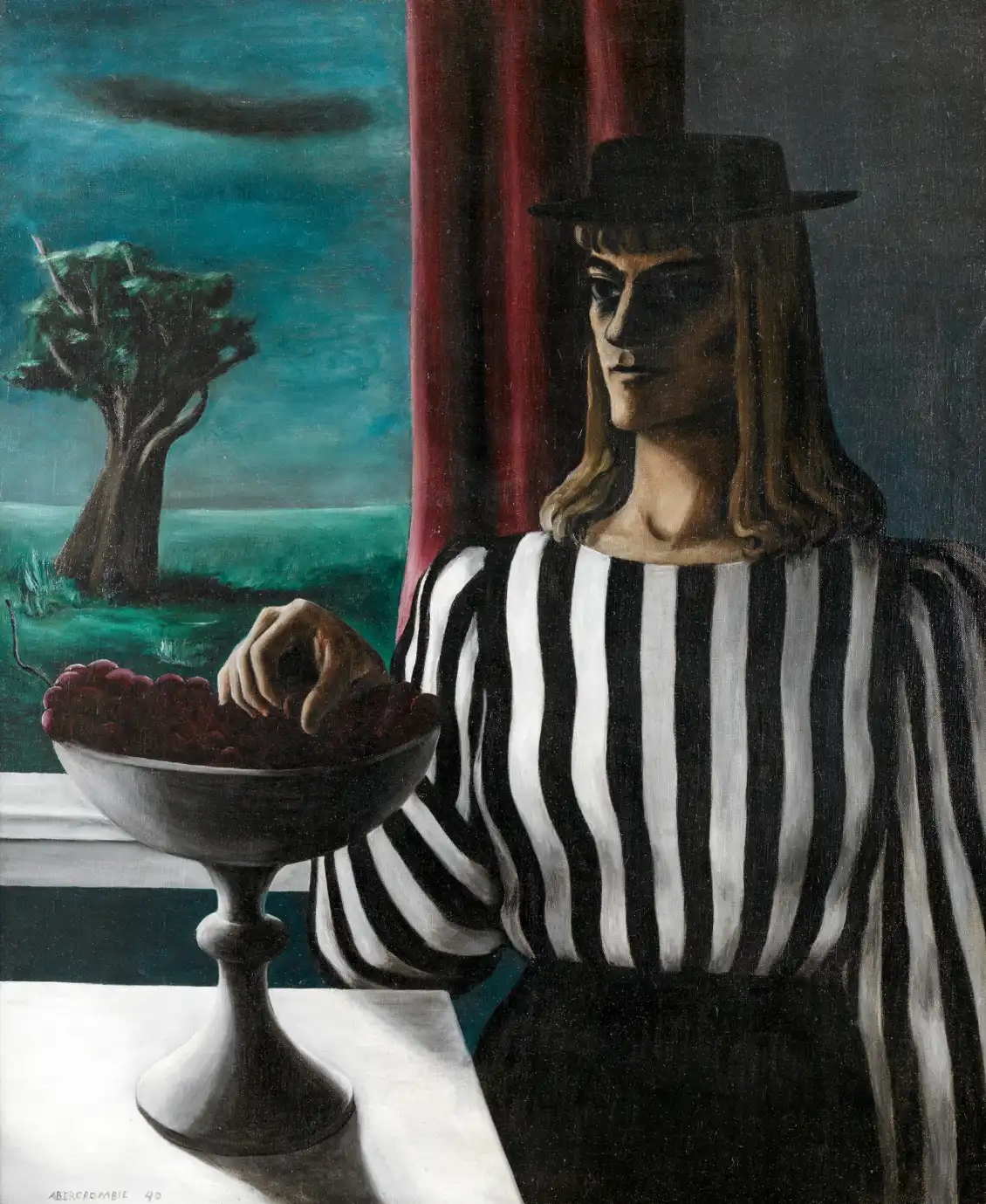 A figure in a striped black and white blouse and short black hat picks grapes out of a bowl on a table. Behind them is a window with red curtains framing the outside night.