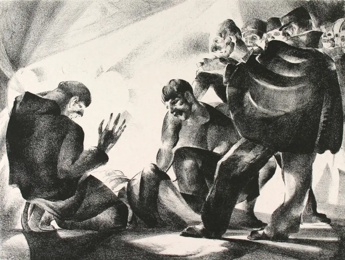 A chaotic street scene shows figures reacting to an unseen incident, rendered in stark black and white lithography. The tight composition heightens the sense of urgency and movement.