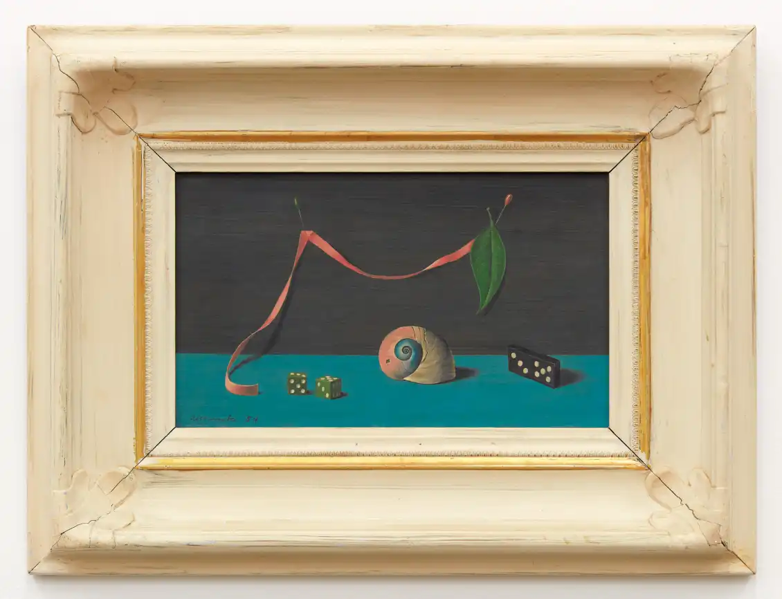 A still life of the listed images sit on a blue table and black background. The ribbon and leaf are pinned to the wall and hang down to the table. Items: leaf, ribbon, domino, dice, shell.