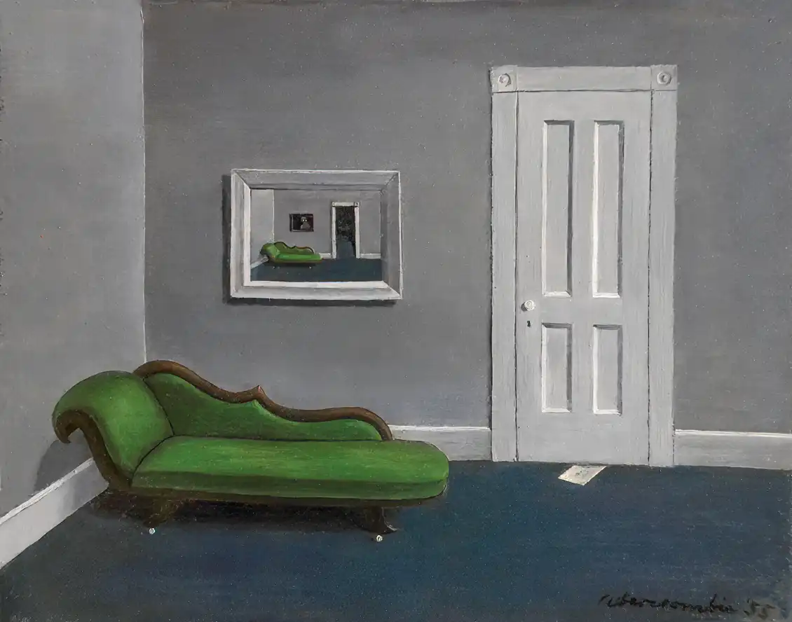 A green rec;omer sots om a room, a closed door on the right, with a letter partially visible under the door. Above the recliner is an painting of the room, with the same composition, save that the door is open, and a figure stands in that room's painting.