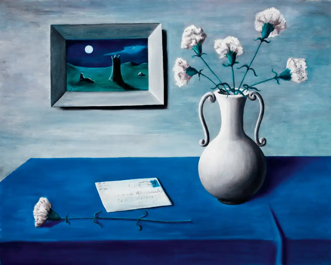 A letter sits on a blue table with a blue tablecloth. Next to it, close to the viewer, sits a single flower on it's side. To the right sits a white vase with 5 of the same flowers sitting in it. On the wall behind is a window, or painting, of a nightscape
