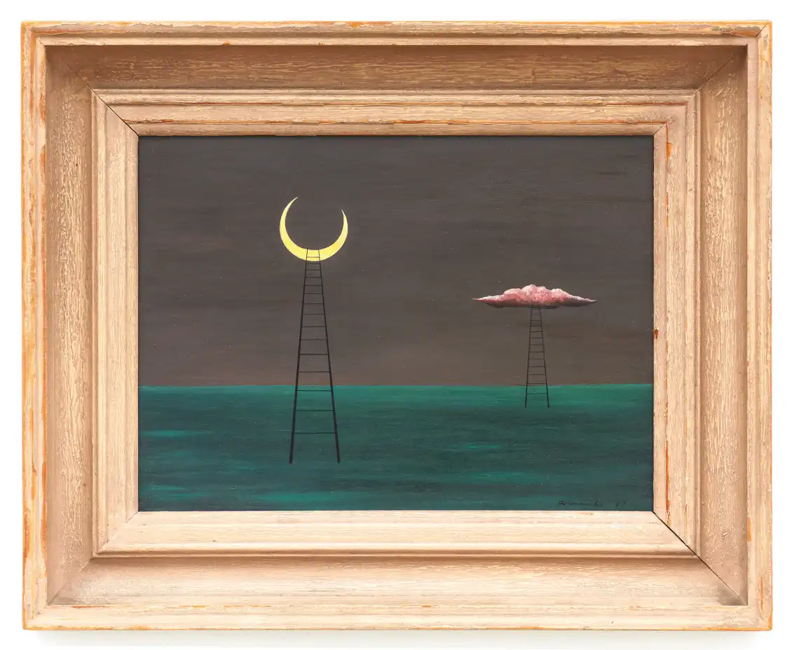 Two ladders extend to the ground to the sky. The left ladder heads up to a crescent moon. The right ladder leads to a pale red cloud.