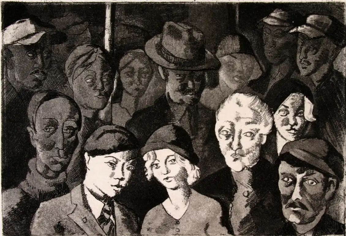 Contrasting the first-class image, this mezzotint shows a crowded and less orderly metro scene. Haupers subtly comments on public transit segregation.