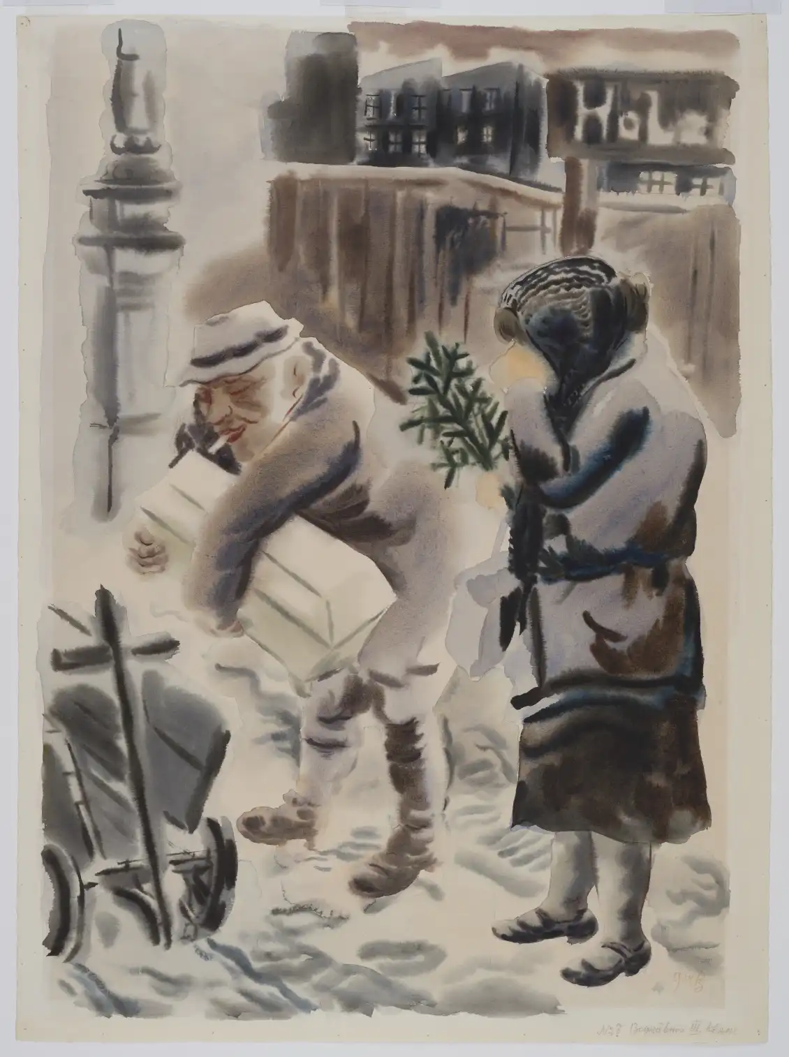 A solemn funeral procession moves through a drab urban landscape, rendered with expressive, melancholic washes. The work critiques social disparity with grim poignancy.