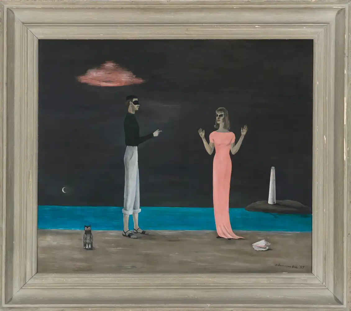 Nightscape by the sea. A man in black and white and a mask points at a woman in a pink dress. The woman holds her hands up as if being mugged. In the foreground, a cat sits to the left, watching the viewer. A purse sits on the ground adjacent to the girl.
