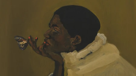 Shelter, 2023, painting of a woman with her head in her palm, on her extended finger sits a butterfly.