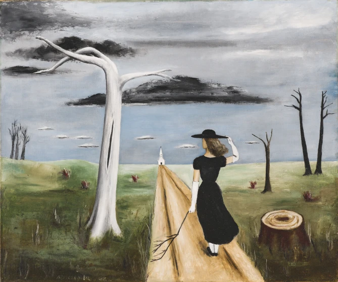Oil painting of a figure in black walking a path toward a small white church beneath dark clouds and bare trees.