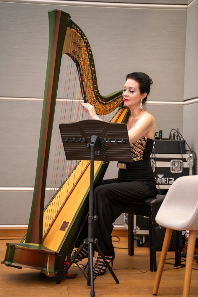 AnnaLisa Underhay plucks at her harp in the Norton Museum's Great Hall